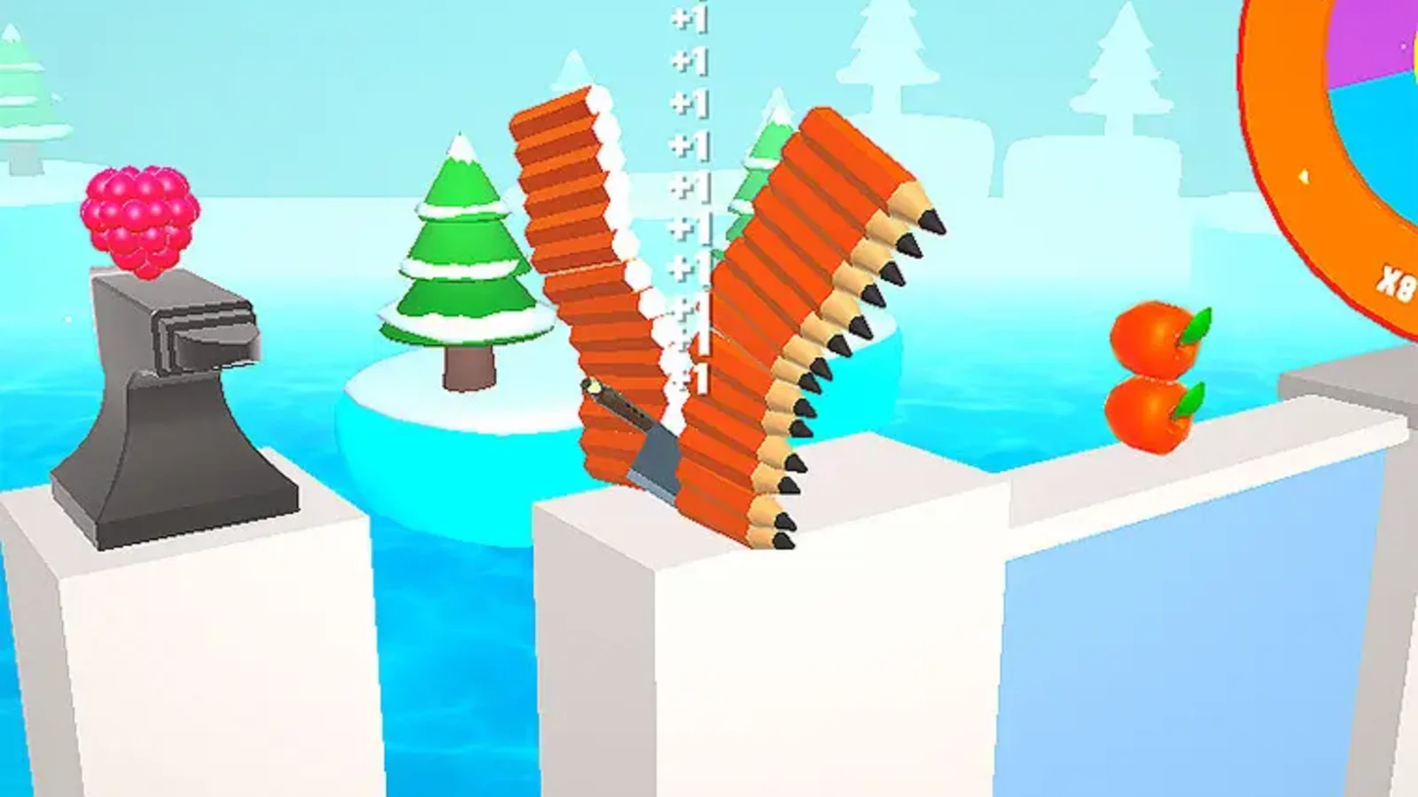 Flying knife approaching a bonus target after clearing a slicing gauntlet in Slicer Duo