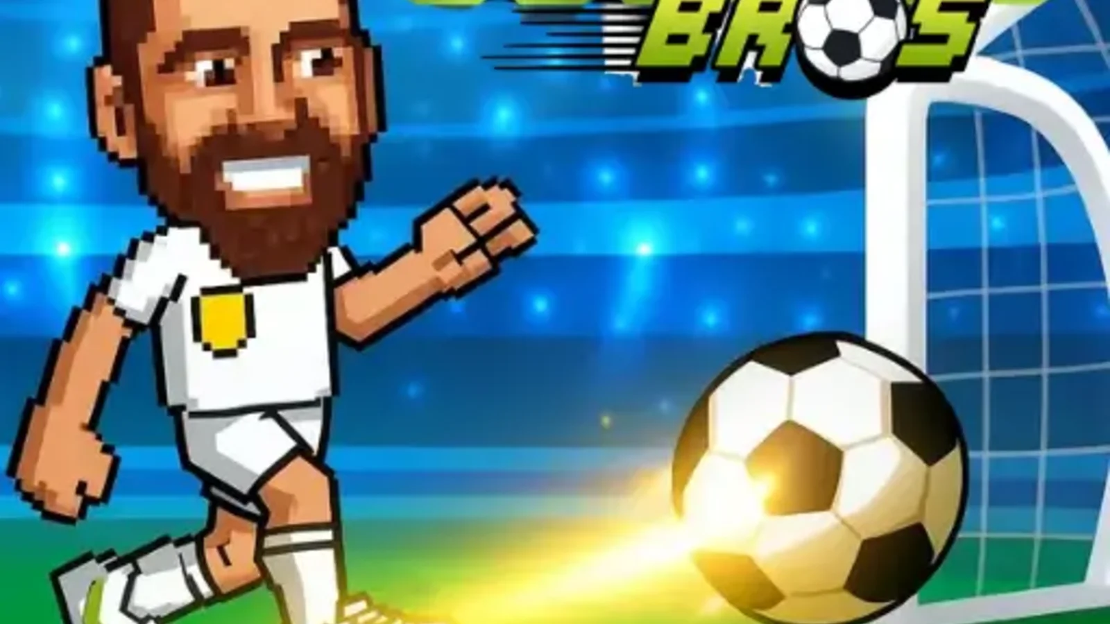 Cartoon striker lining up a fast shot while the goalkeeper hand swings across the goal in Soccer Bros
